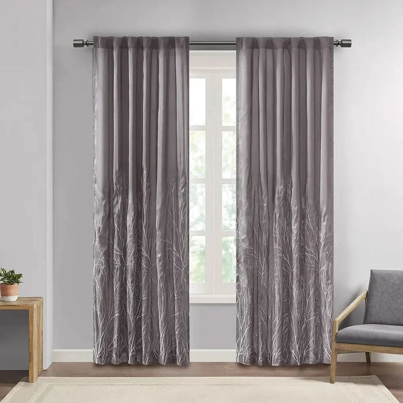 Curtain Panel Polyester Embroidered Branch Design Grey 84 Inch Length