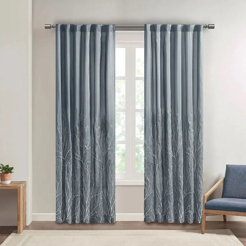 Blue Curtain Panel Polyester Embroidered Design For Living Room Drapery