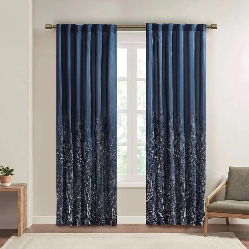 Curtain Panel Cotton Navy Branch Embroidery Design For Living Room Media 2