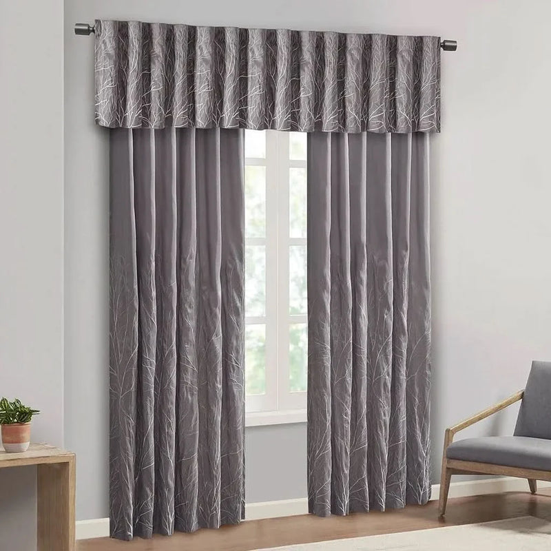 Curtain Panel Polyester Embroidered Branch Design Grey 84 Inch Length