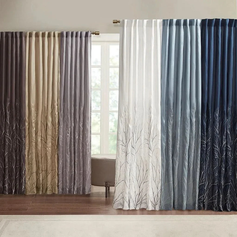 Curtain Panel Polyester Embroidered Branch Design Grey 84 Inch Length