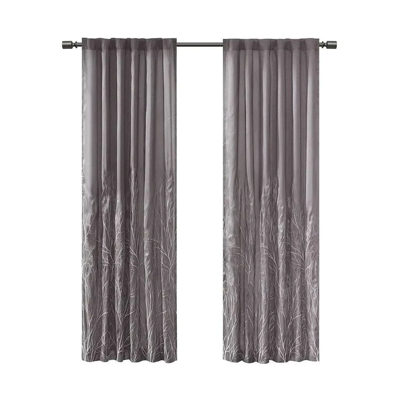 Curtain Panel Polyester Embroidered Branch Design Grey 84 Inch Length