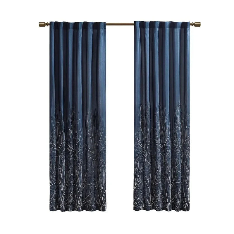 Curtain Panel Cotton Navy Branch Embroidery Design For Living Room