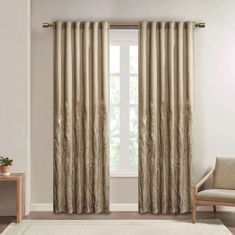 Curtain Panel Tan Polyester Branch Embroidery Design Living Room Decor