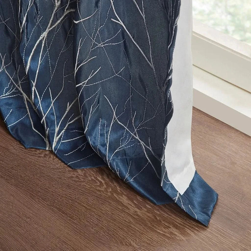 Curtain Panel Cotton Navy Branch Embroidery Design For Living Room