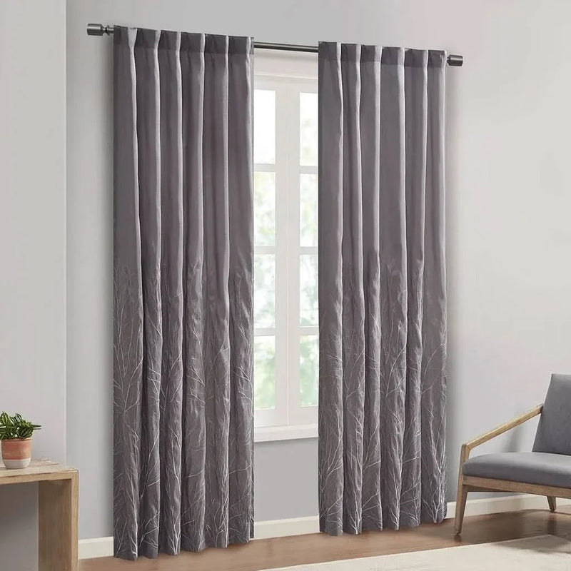 Curtain Panel Polyester Embroidered Branch Design Grey 84 Inch Length