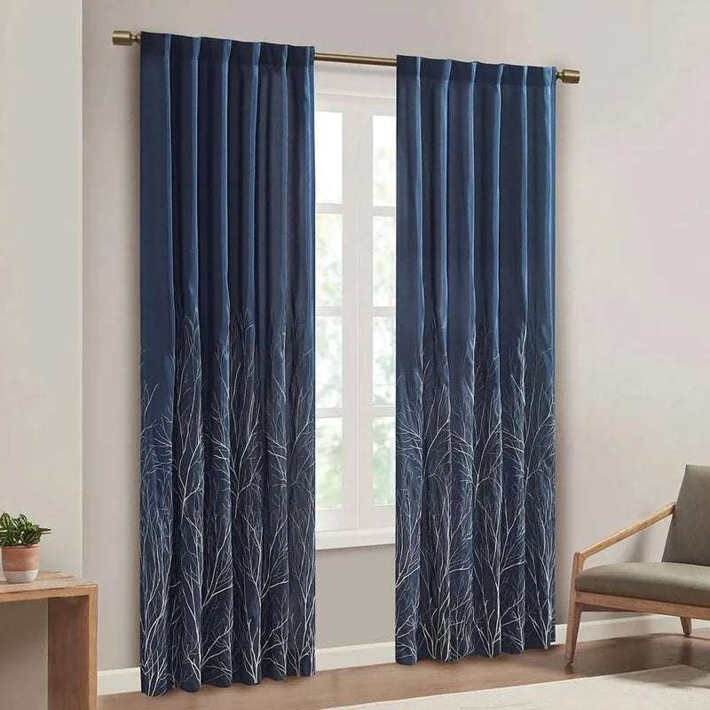Curtain Panel Cotton Navy Branch Embroidery Design For Living Room