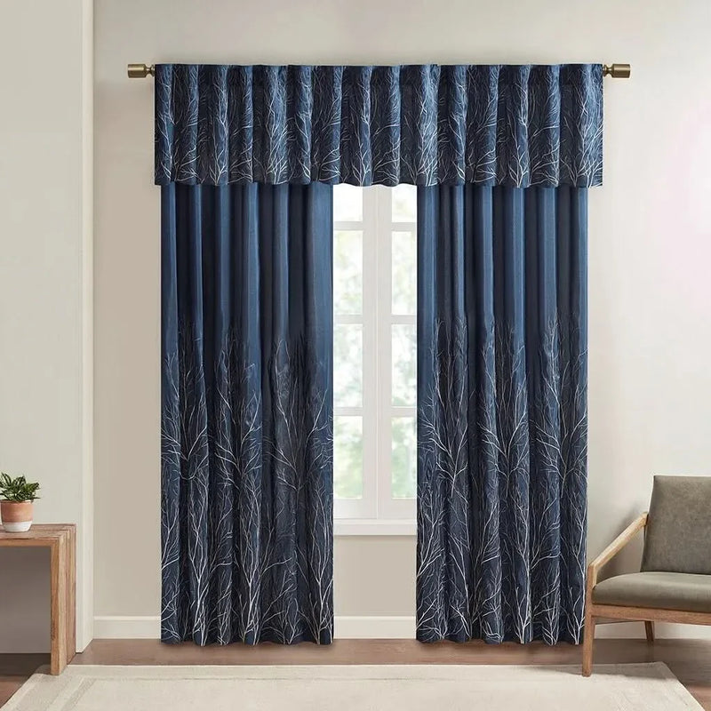Curtain Panel Cotton Navy Branch Embroidery Design For Living Room