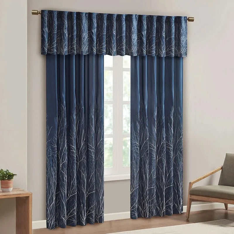 Curtain Panel Cotton Navy Branch Embroidery Design For Living Room