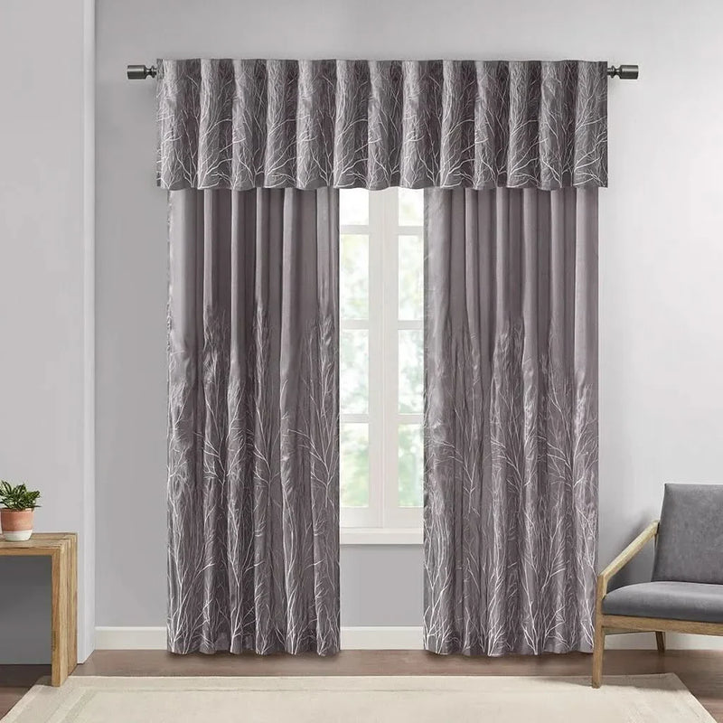 Curtain Panel Polyester Embroidered Branch Design Grey 84 Inch Length