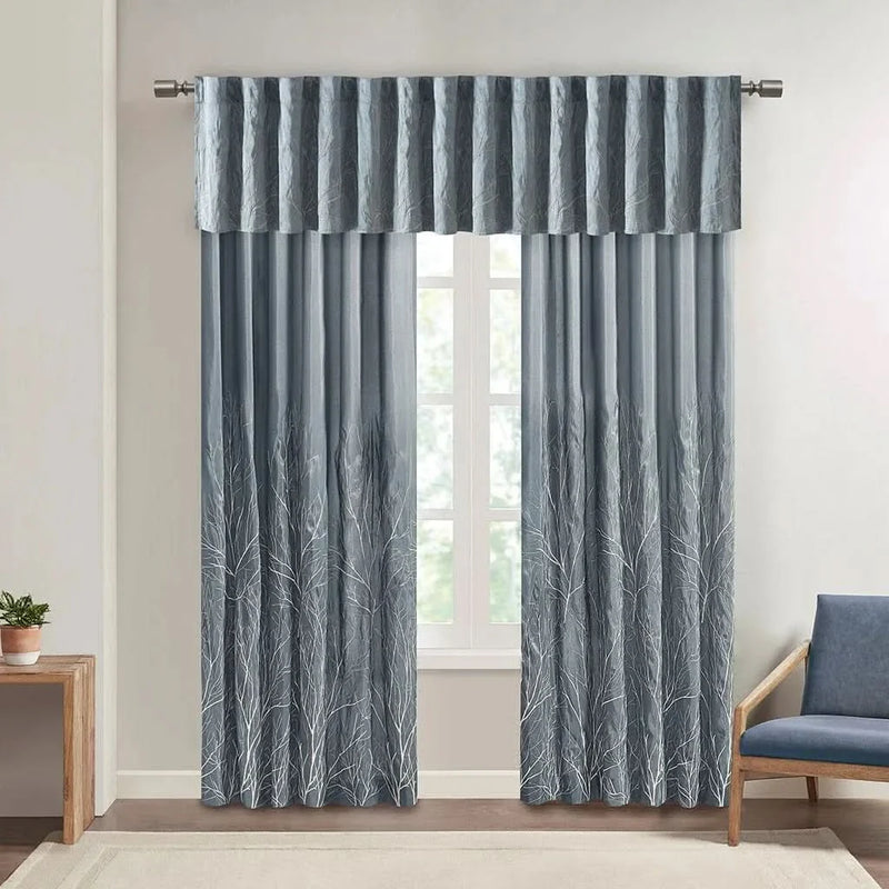 Blue Curtain Panel Polyester Embroidered Design For Living Room Drapery