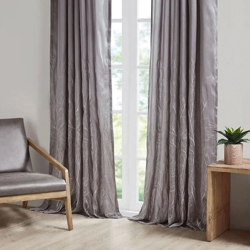 Curtain Panel Polyester Embroidered Branch Design Grey 84 Inch Length