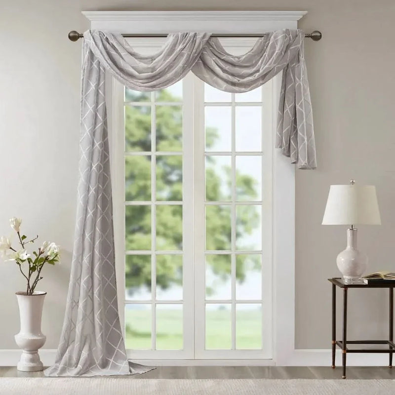 Diamond Embroidered Window Scarf Polyester Lightweight Decor Grey
