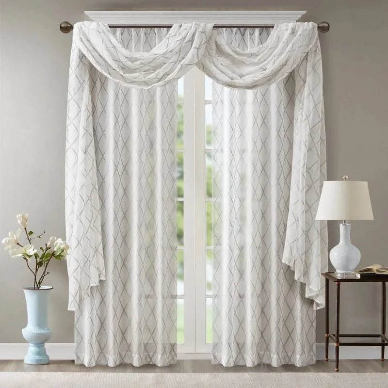 Window Scarf Embroidered Polyester Diamond Pattern Grey & White Decor