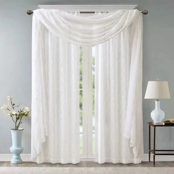 Diamond Embroidered Window Scarf White Sheer Polyester Lightweight