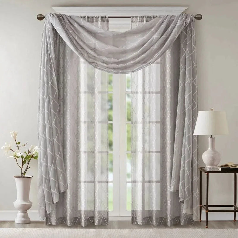 Diamond Embroidered Window Scarf Polyester Lightweight Decor Grey