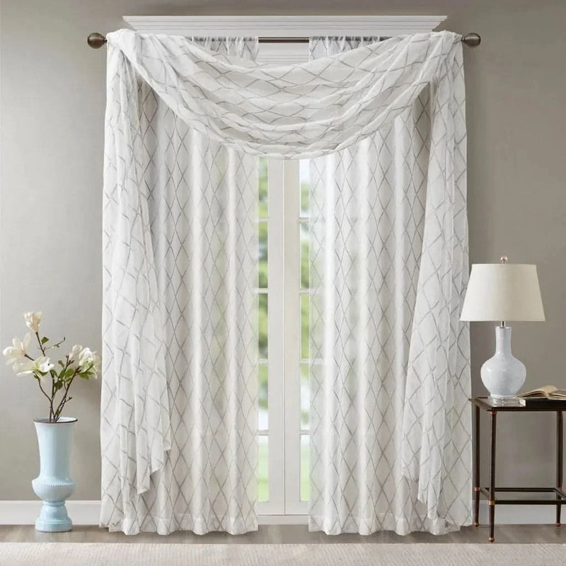 Window Scarf Embroidered Polyester Diamond Pattern Grey & White Decor