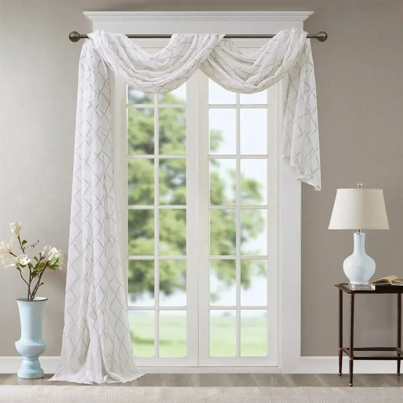 Window Scarf Embroidered Polyester Diamond Pattern Grey & White Decor
