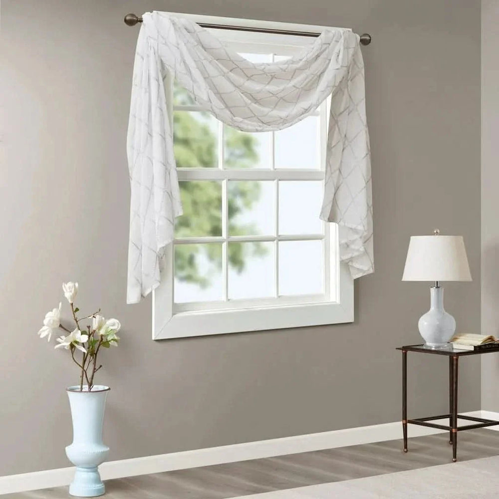 Window Scarf Embroidered Polyester Diamond Pattern Grey & White Decor Media 2