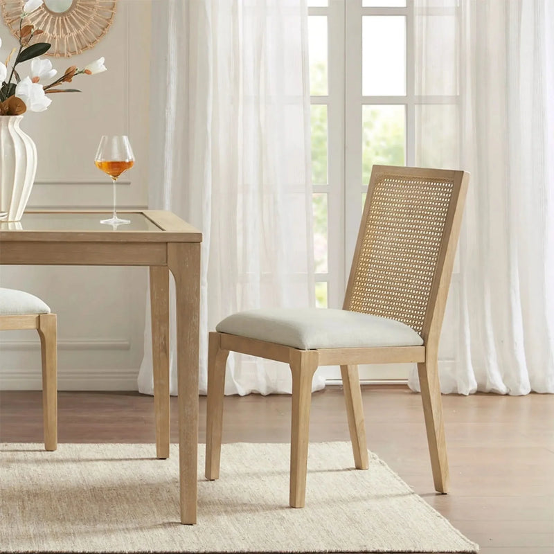 Dining Chair Set Synthetic Cane Back Upholstered Seat Natural Wood Finish