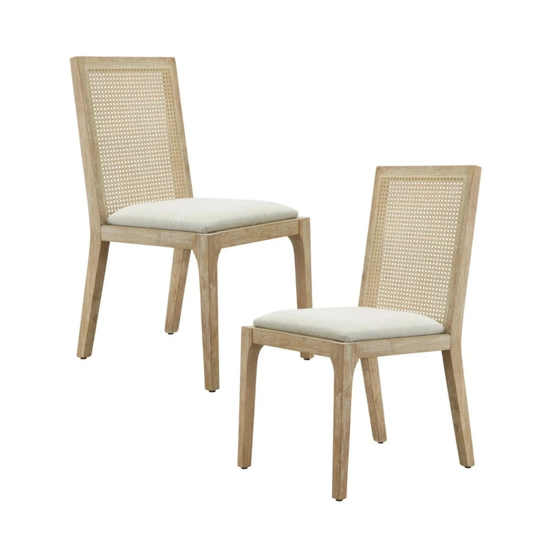 Dining Chair Set Synthetic Cane Back Upholstered Seat Natural Wood Finish