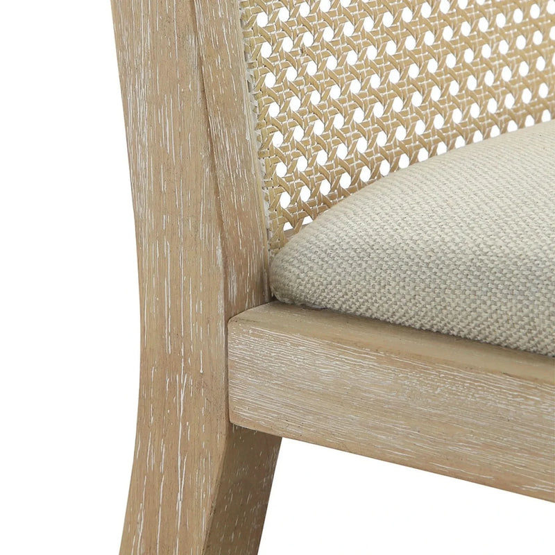 Dining Chair Set Synthetic Cane Back Upholstered Seat Natural Wood Finish