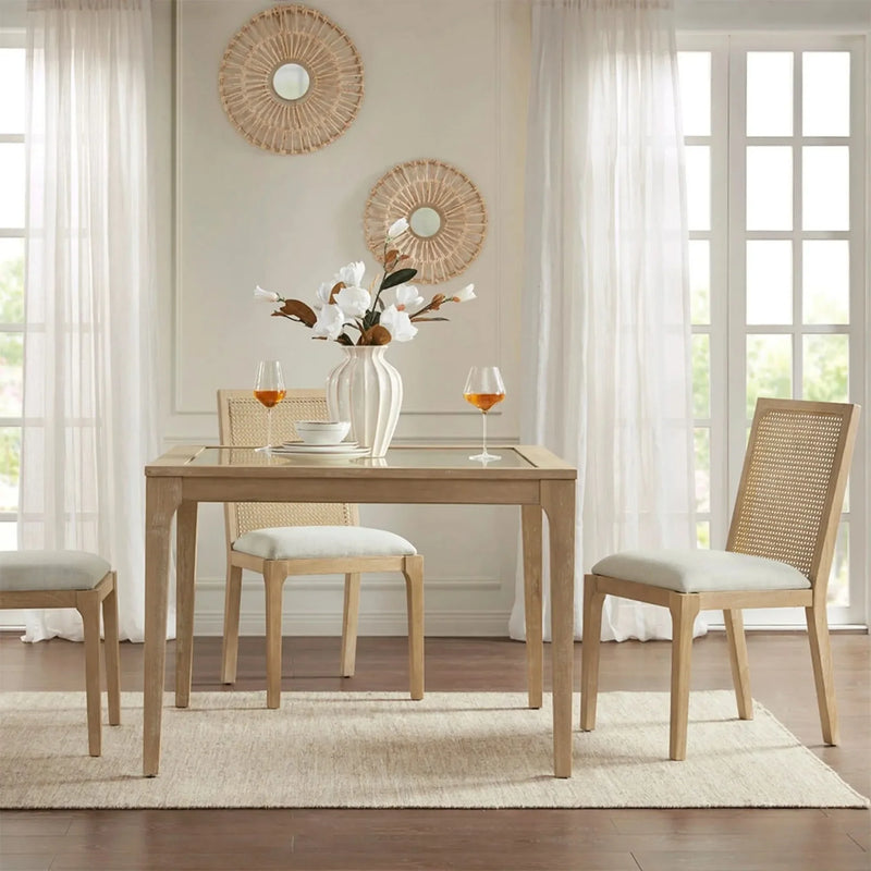 Dining Chair Set Synthetic Cane Back Upholstered Seat Natural Wood Finish