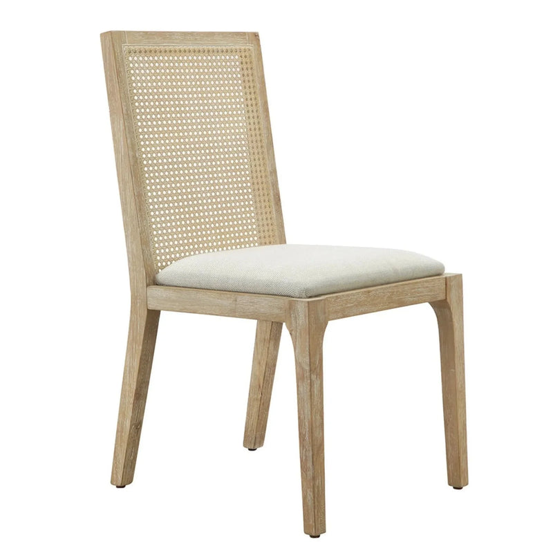 Dining Chair Set Synthetic Cane Back Upholstered Seat Natural Wood Finish
