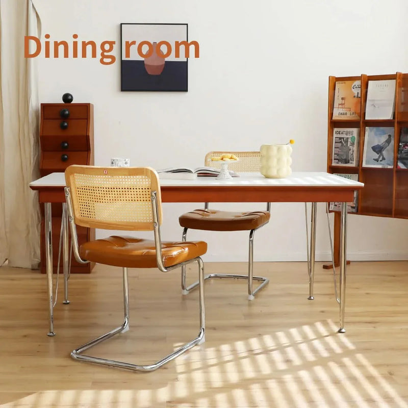 Dining Chairs Leather Rattan Set of 2 Chrome Legs Mid Century Modern