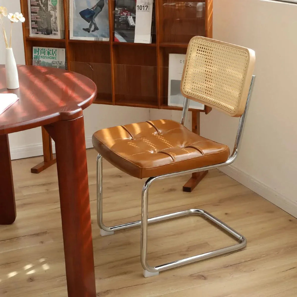 Dining Chairs Leather Rattan Set of 2 Chrome Legs Mid Century Modern Media 10