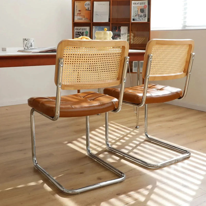 Dining Chairs Leather Rattan Set of 2 Chrome Legs Mid Century Modern