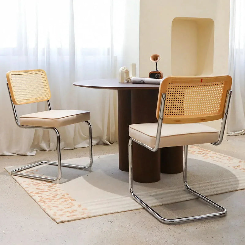 Velvet Rattan Dining Chairs Chrome Legs 2 Piece Set Midcentury Style