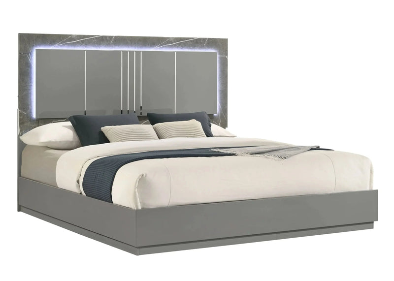 Queen Bedroom Set 4-Piece With Two Tone Marble & Lacquer Led Lighting