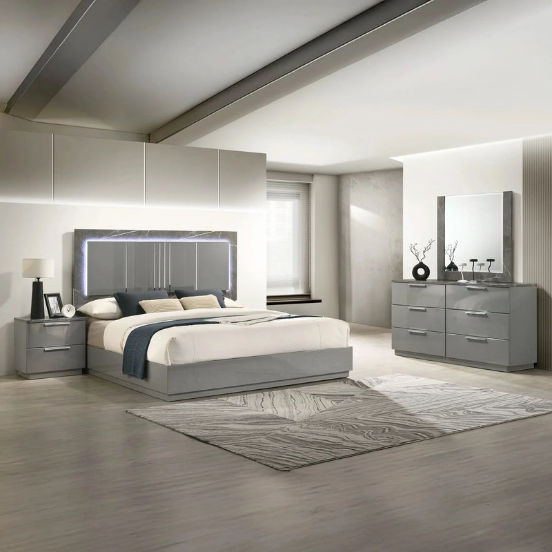 Queen Bedroom Set 4-Piece With Two Tone Marble & Lacquer Led Lighting