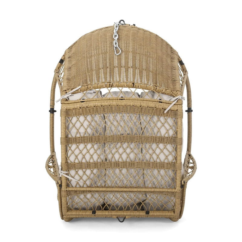 Outdoor Wicker Hanging Chair Fabric Cushion Brown Beige Cozy For Patio