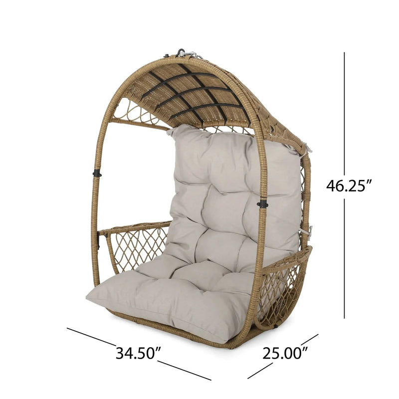 Outdoor Wicker Hanging Chair Fabric Cushion Brown Beige Cozy For Patio