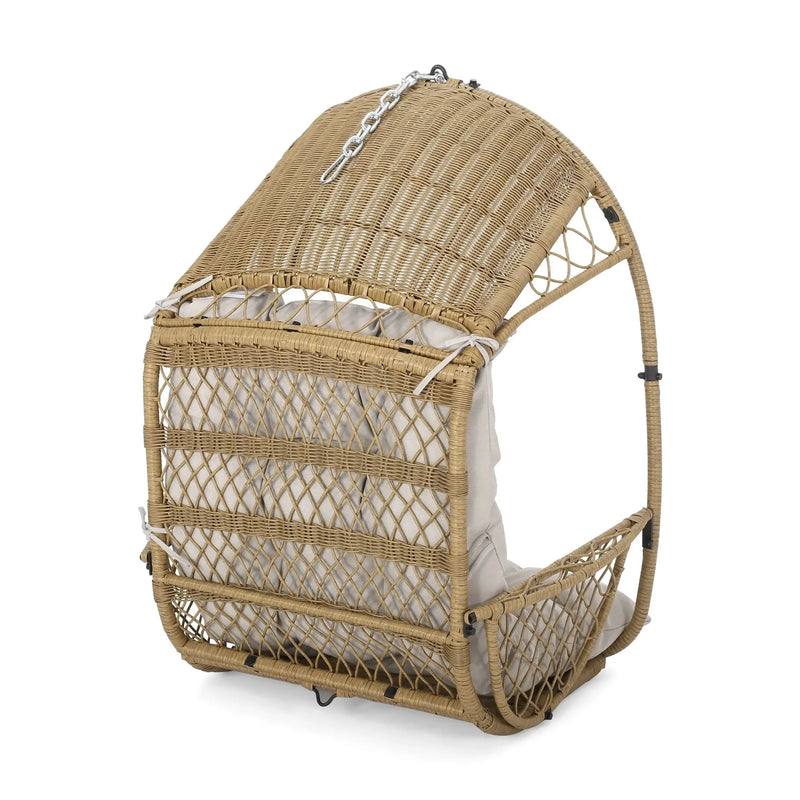 Outdoor Wicker Hanging Chair Fabric Cushion Brown Beige Cozy For Patio