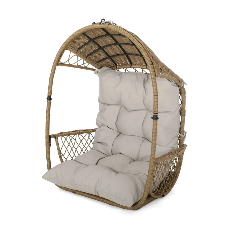 Outdoor Wicker Hanging Chair Fabric Cushion Brown Beige Cozy For Patio