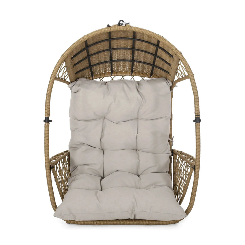 Outdoor Wicker Hanging Chair Fabric Cushion Brown Beige Cozy For Patio