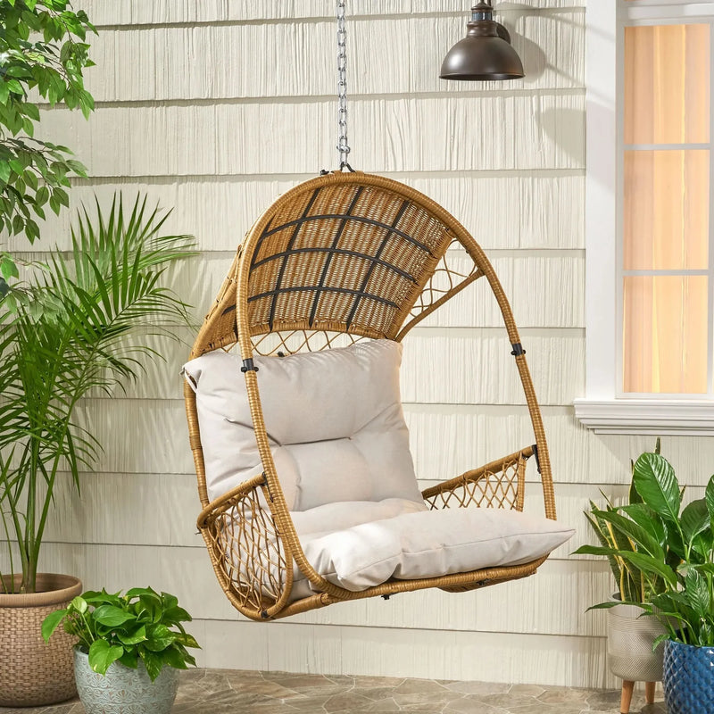 Outdoor Wicker Hanging Chair Fabric Cushion Brown Beige Cozy For Patio