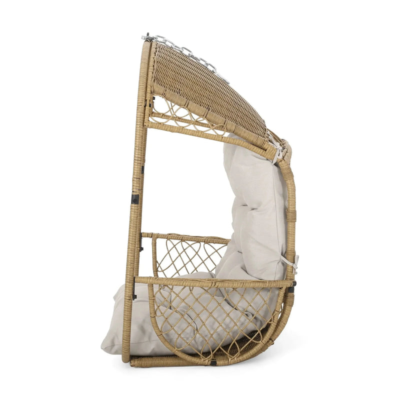 Outdoor Wicker Hanging Chair Fabric Cushion Brown Beige Cozy For Patio
