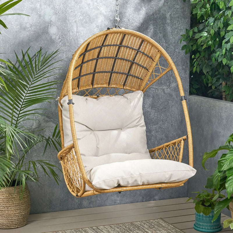 Outdoor Wicker Hanging Chair Fabric Cushion Brown Beige Cozy For Patio