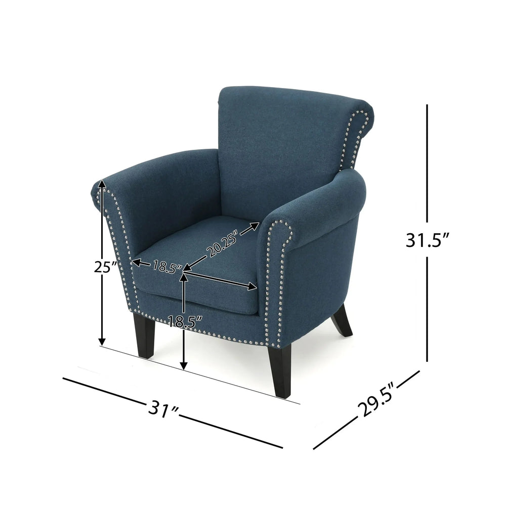 Elegant Navy Blue Fabric Club Chair with Nailhead Trim and Birch Wood Legs Media 3