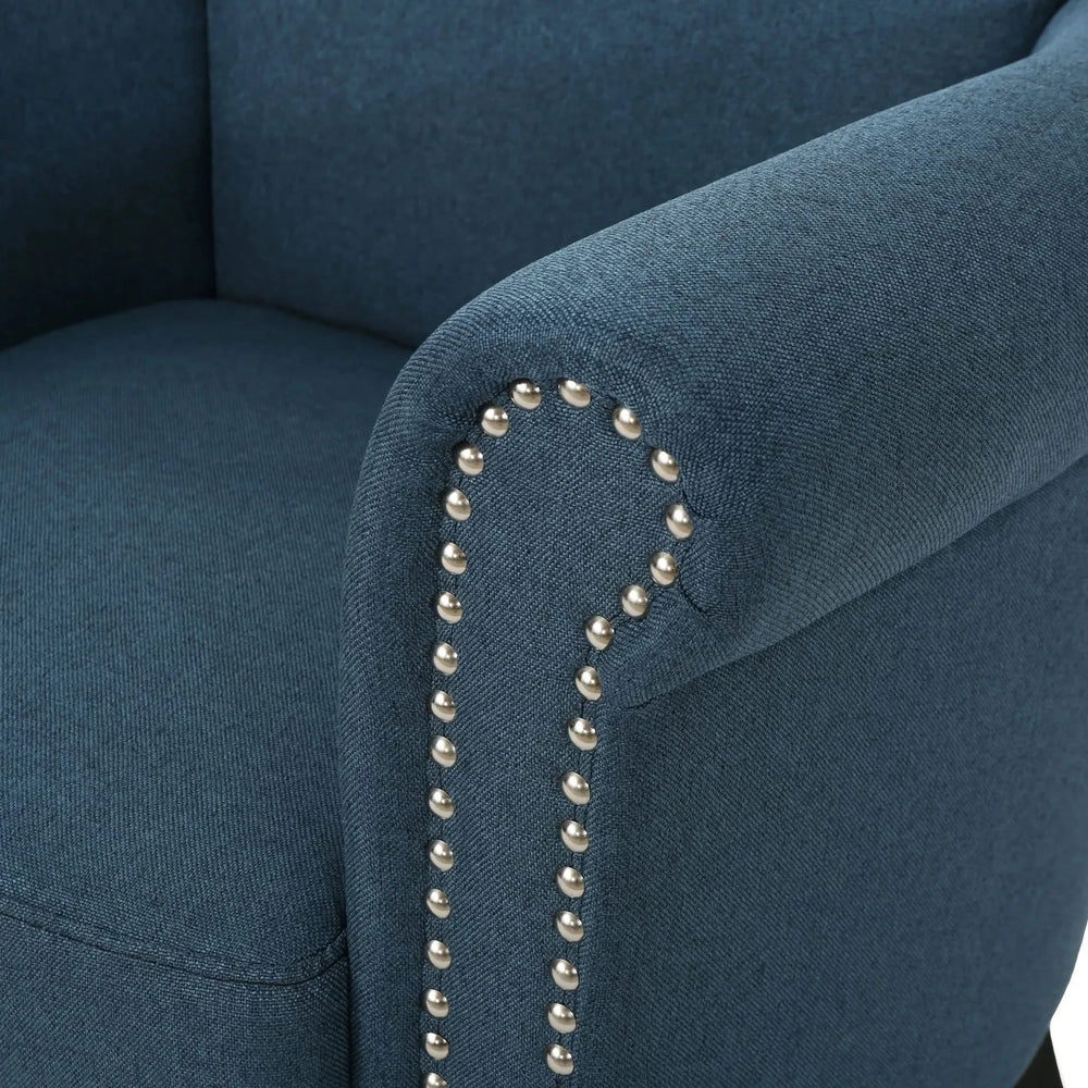 Elegant Navy Blue Fabric Club Chair with Nailhead Trim and Birch Wood Legs Media 11