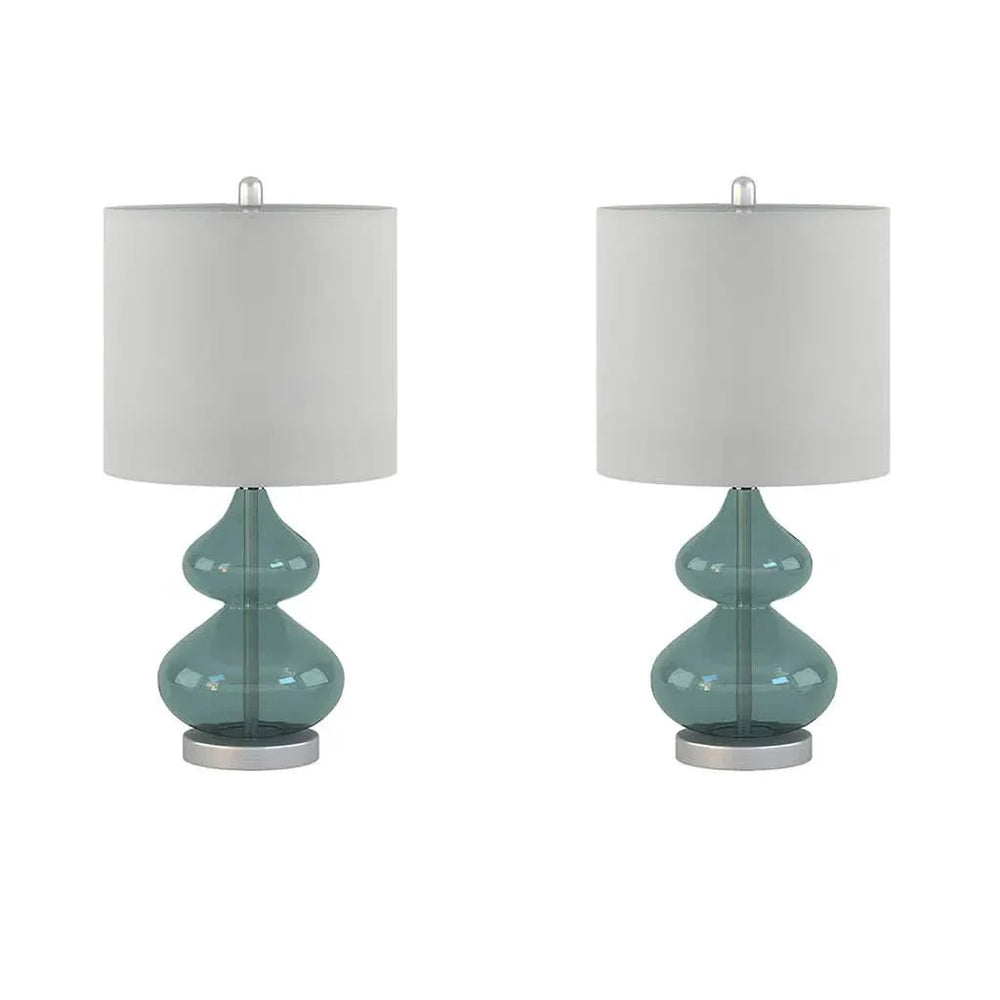 Glass Table Lamp Ellipse Curved Glass Blue Cotton Shade Set Of 2 Lamps Media 10