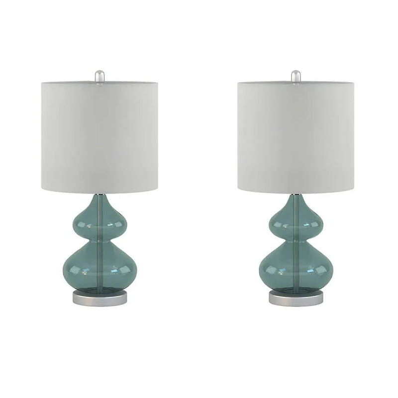 Glass Table Lamp Ellipse Curved Glass Blue Cotton Shade Set Of 2 Lamps