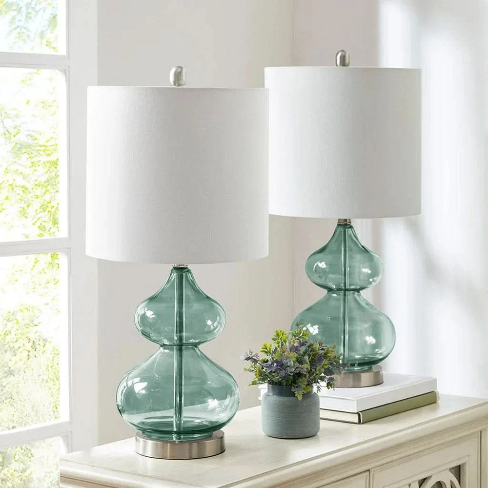 Glass Table Lamp Ellipse Curved Glass Blue Cotton Shade Set Of 2 Lamps Media 4