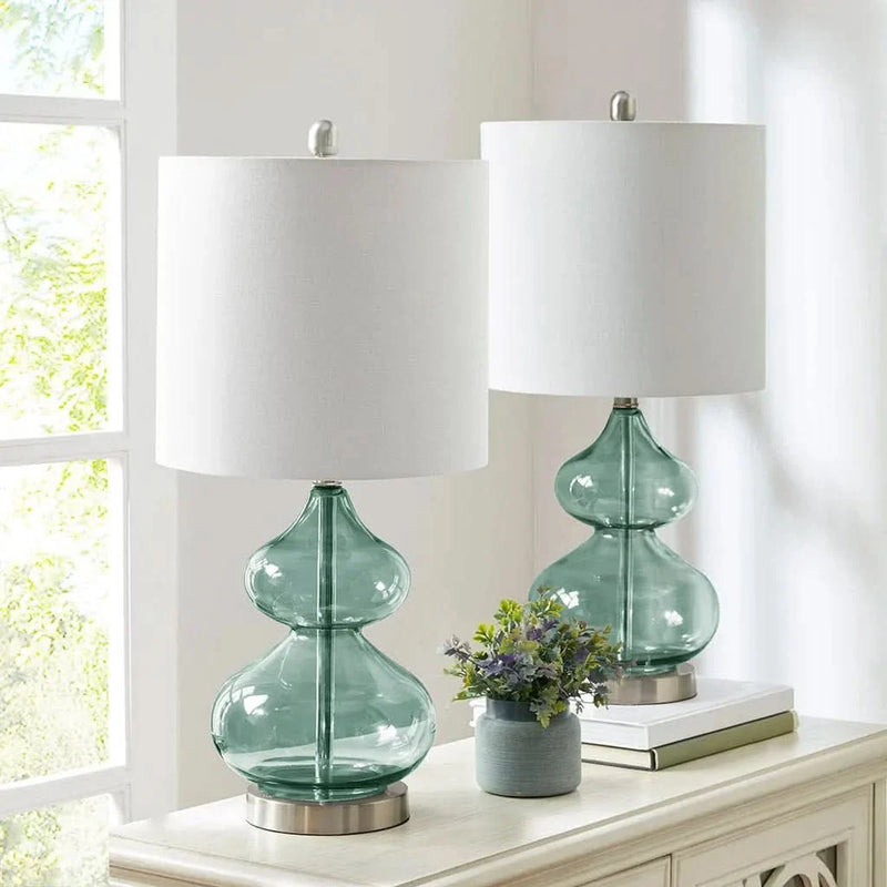 Glass Table Lamp Ellipse Curved Glass Blue Cotton Shade Set Of 2 Lamps