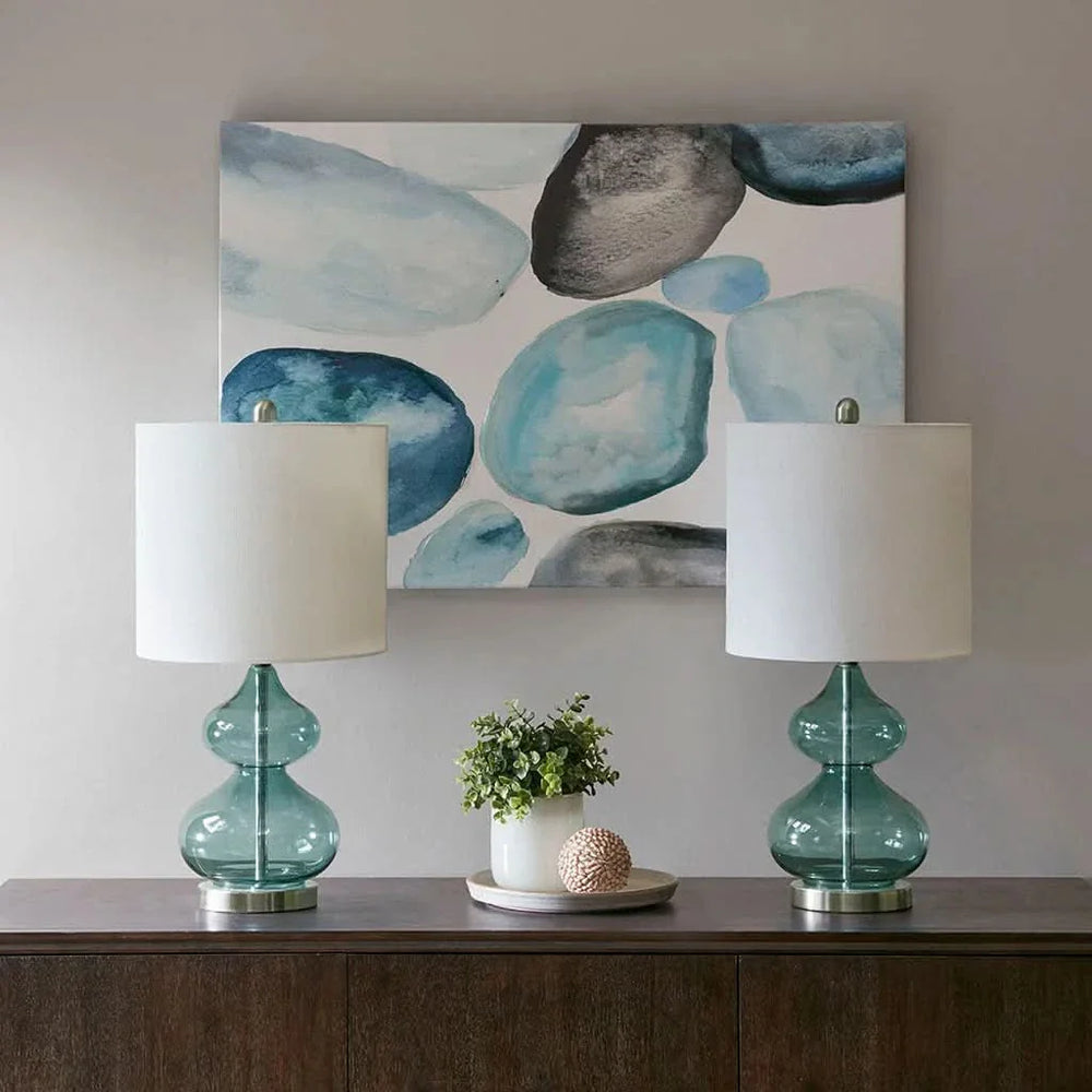 Glass Table Lamp Ellipse Curved Glass Blue Cotton Shade Set Of 2 Lamps Media 1