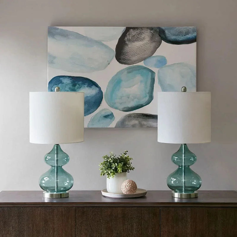 Glass Table Lamp Ellipse Curved Glass Blue Cotton Shade Set Of 2 Lamps